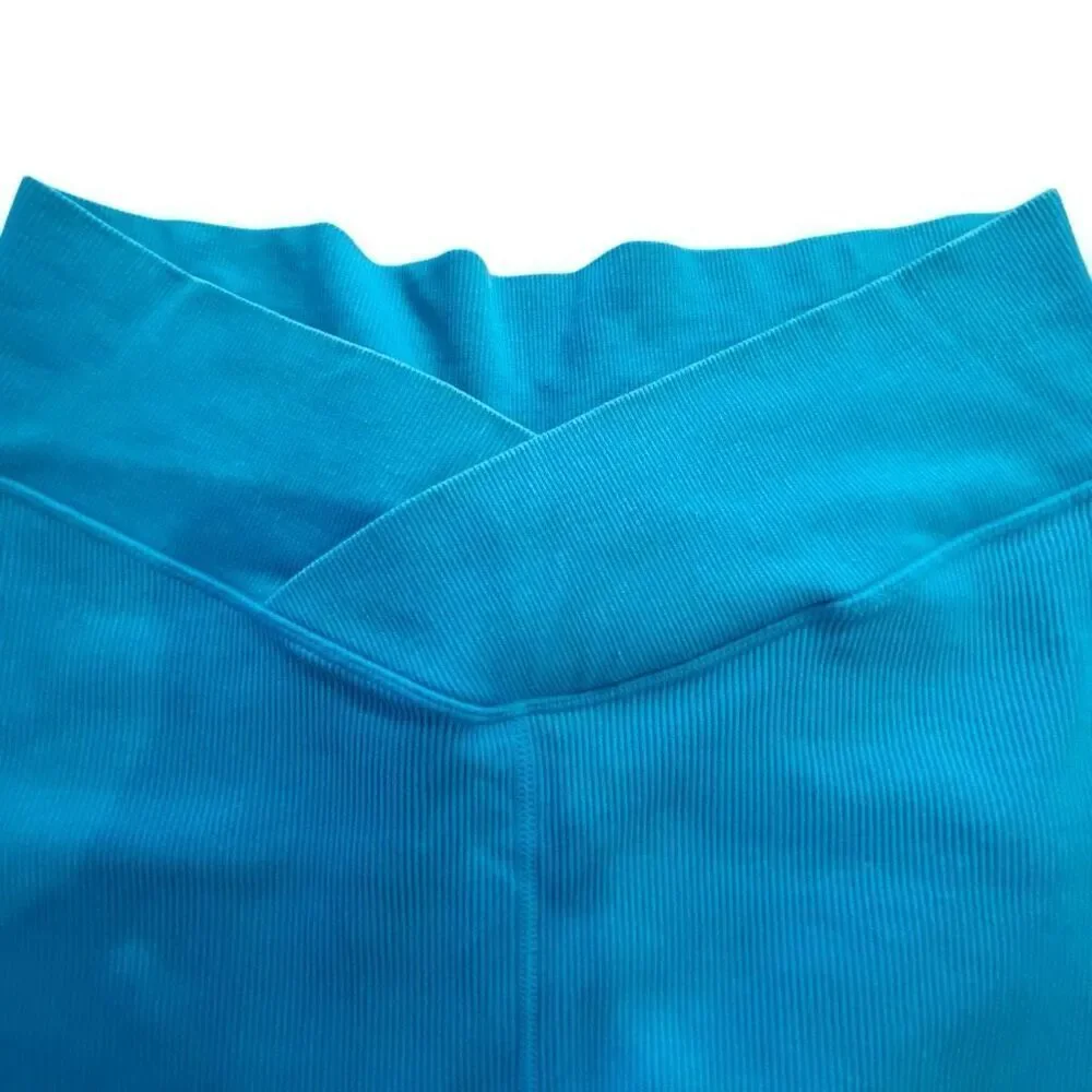 Joy Lab Crossover Waistband Ribbed Hi-Rise Active Biker Shorts Blue Large